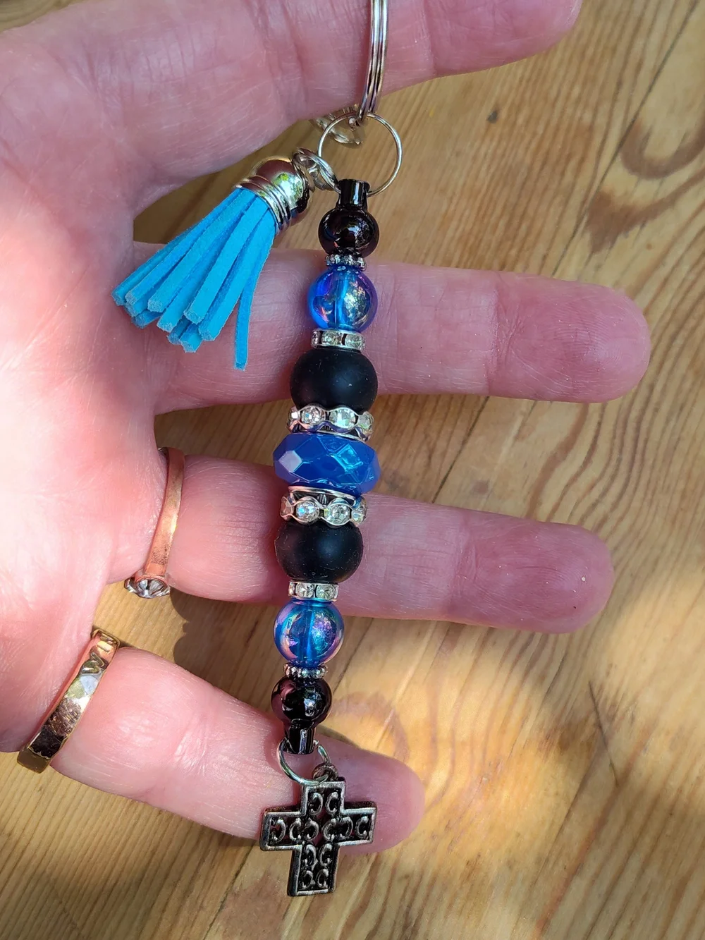 Blue Tassel Beaded Cross Keychain - Stylish Women's Accessory